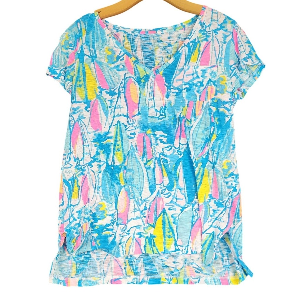 Lilly Pulitzer Womens Small Sailboat Print Cotton V-Neck Pocket T-Shirt‎ Blue